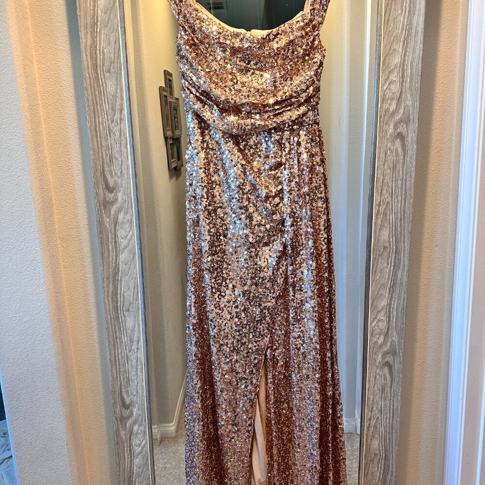 Off Shoulder Draped Side Split Hem Sequin Party D… - image 2